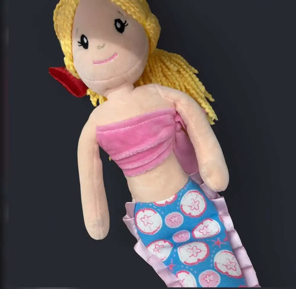 The Preppy Pelican Blonde Mermaid Plush Doll Pink and Blue Sand Dollar Print